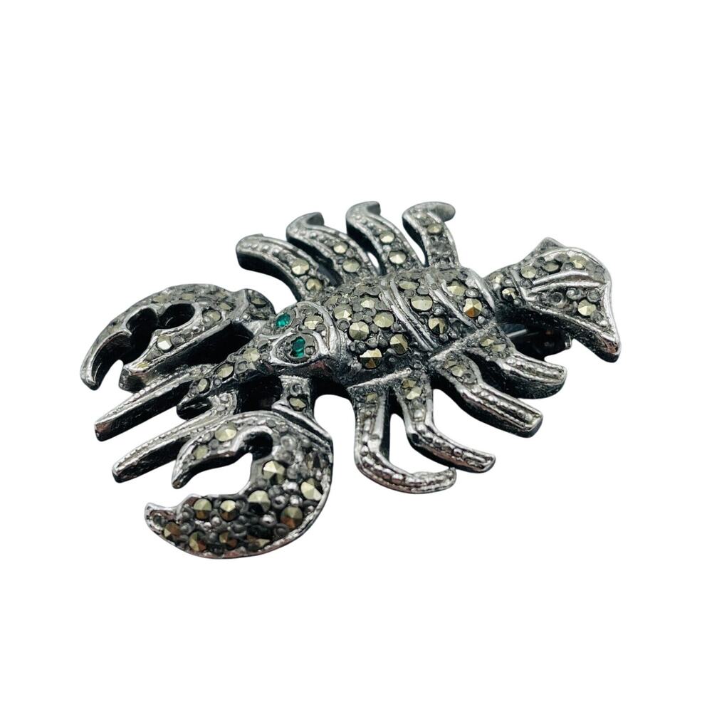 1950s Silver Tone Metal Marcasite Lobster Brooch Pin Green Glass Eyes UK BJL B